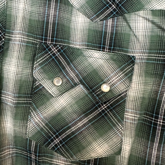 Wrangler Wrancher Plaid Pearl Snap Button Shirt Mens L Rodeo Western Green Plaid - Picture 2 of 4